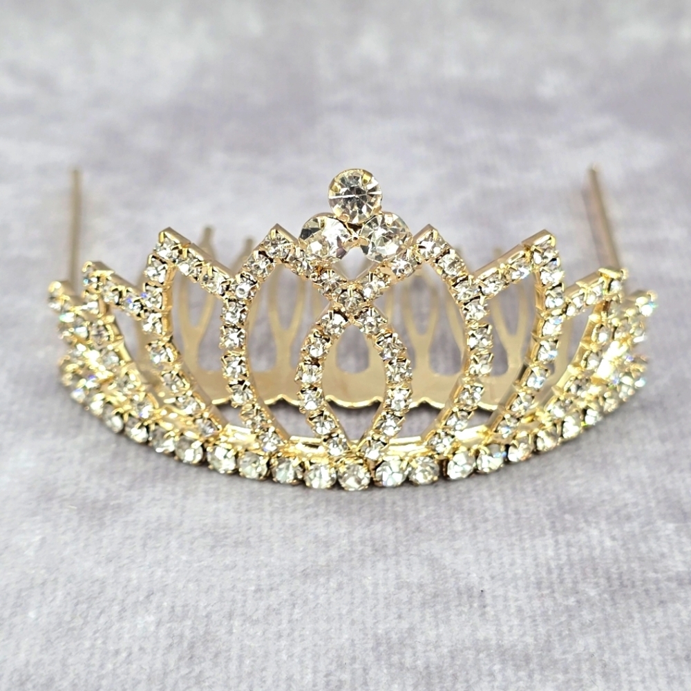 Gold Rhinestone Crown Tiara Clip Hair Bridal Accessories Fashion Jewlery JB2-9